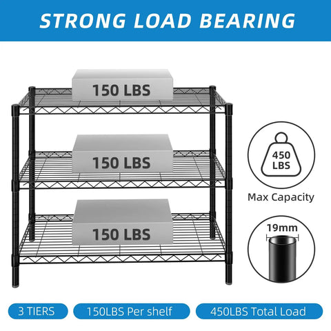 Adjustable Three Tier Metal Wire Shelving Unit In Sleek Black With Flexible Height Configuration Easy Peasy Assembly showing 450 lbs load capacity on heavy duty shelves.