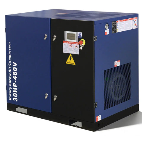 Beefy 30HP Rotary Screw Air Compressor Delivers 123 CFM at 125 PSI 460 Volts Three Phase Fixed Speed Industrial Grade Unit for Continuous Duty Manufacturing and Heavy Load Air Demands, blue enclosed cabinet