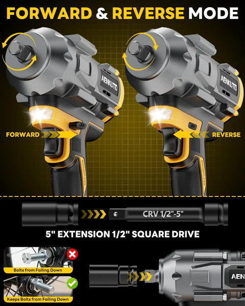 Brushless Cordless Impact Wrench Generating 1500 Nm Beast Mode Torque With An Integrated Work Light, forward and reverse mode.