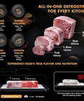 Beat The Daily Grind Of Thawing Meat With This Smart Electric Food Defrosting Box And Rechargeable Frozen Meat Thawing Tray Holding Four Liters With An Intelligent Timer For Lightning Quick Results featuring thawing times for various meats.