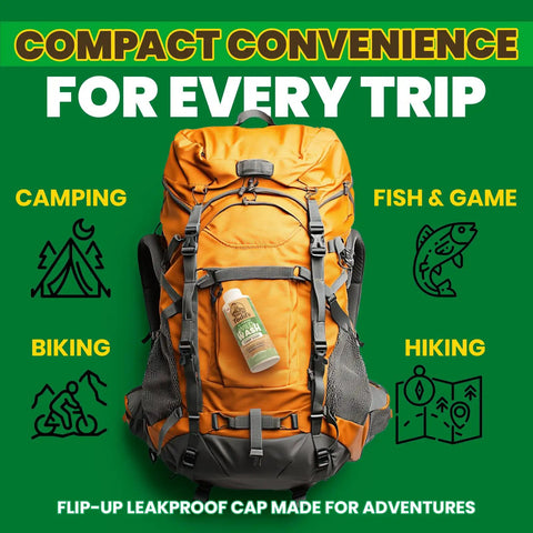 Biodegradable Camping Soap For Dishes, Body, Hands, And Clothes With Sage Scent 4oz strapped to an orange backpack