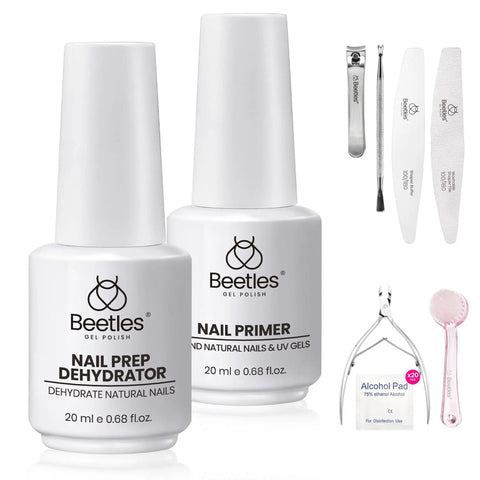 Nail Prep Kit With Dehydrator And Primer 20ml Each Plus Cuticle Trimmer And Pusher Buffer Dust Brush Clipper File And 20 Alcohol Wipes