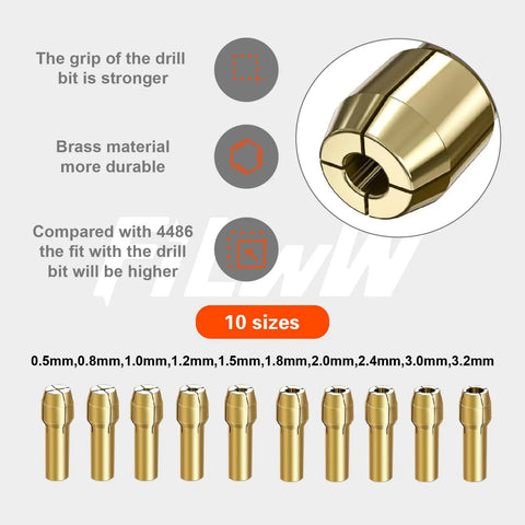 Brass collets from Sixteen Piece Drill Chuck Collet Set For Rotary Tools 0.8 To 3.2 Millimeter Range Replacement 4486 Keyless Bit Chuck