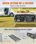Camping Kitchen Station With Three Adjustable Heights, Folding Outdoor Camp Cooking Table With Storage Organizer displayed in field