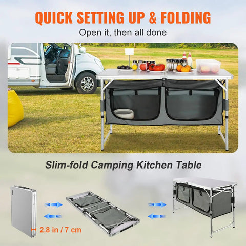 Camping Kitchen Station With Three Adjustable Heights, Folding Outdoor Camp Cooking Table With Storage Organizer displayed in field