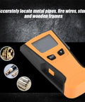 3 in 1 Stud Finder Wall Scanner with Live Wire Detector and Metal Finder for Wood Metal AC Voltage Detection in orange color, showing buttons and display.