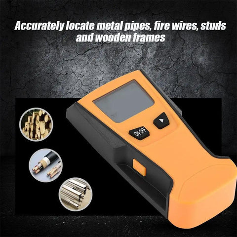 3 in 1 Stud Finder Wall Scanner with Live Wire Detector and Metal Finder for Wood Metal AC Voltage Detection in orange color, showing buttons and display.