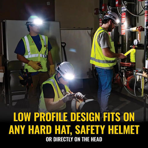 Workers wearing rechargeable wide beam headlamp with strap and 575 lumens five lighting modes all day runtime direct focus and hard hat compatibility for work and outdoor adventures in dark workspace.