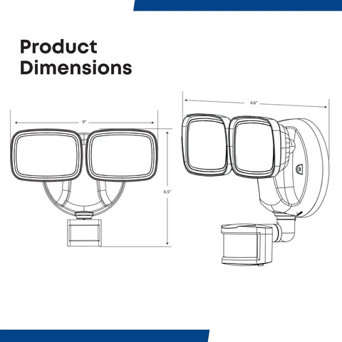 Technical drawing of Smart Outdoor Flood Lights With Motion Sensor, 28W LED WiFi Security Light, Dusk To Dawn, Two Head.