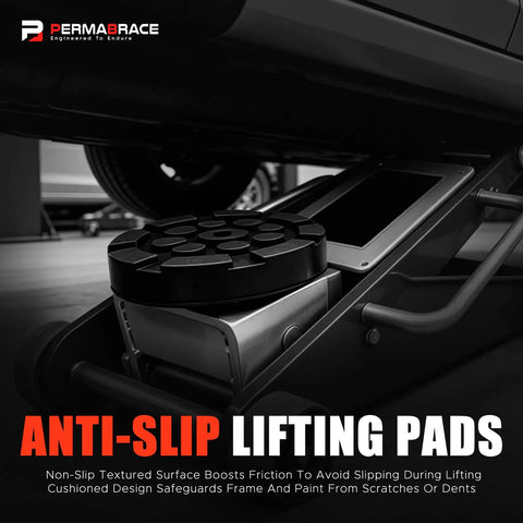 Permabrace 4 Pack Round Rubber Car Lift Pads With Anti-Slip Design For Heavy Duty Auto Jacking Lifting on 2 Post Lifts, showing cushioning and contact points.