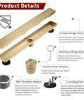28 Inch Linear Shower Drain Gold Rectangular Channel With V Shape Design For Fast Drainage In Shower Rooms 304 Stainless Steel cUPC Certified Drain Base Not Included, with product details illustration.