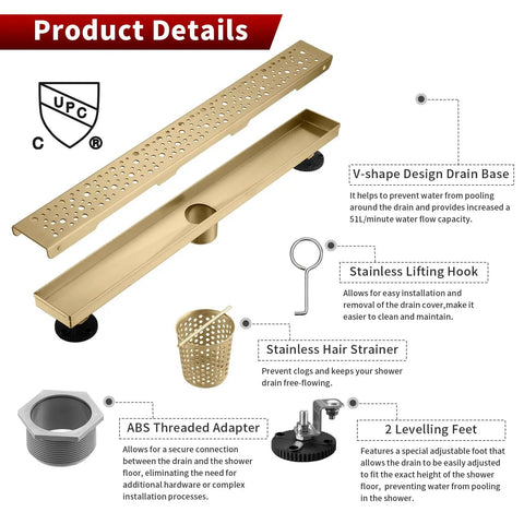 28 Inch Linear Shower Drain Gold Rectangular Channel With V Shape Design For Fast Drainage In Shower Rooms 304 Stainless Steel cUPC Certified Drain Base Not Included, with product details illustration.
