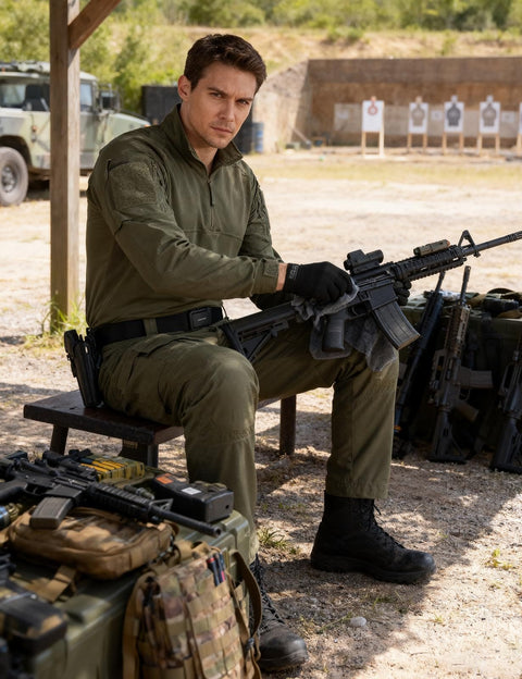 Man in tactical gear wearing Go-To Quick-Adjust Tactical Ratchet Belt For EDC CCW And Duty Use Heavy-Duty 1000D Nylon Belt in action