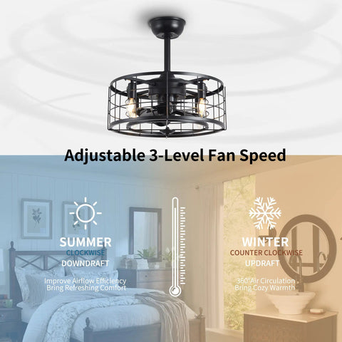 Enclosed Ceiling Fan With Lights Remote Control, Low Profile Dope Look, Reversible Motor, Black cage design in modern room.
