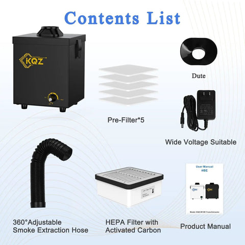 Contents list of Pro Grade Solder Fume Extractor With 168 Cubic Meters Per Hour Powerful Suction Thick Pre Filter And H13 HEPA Filtration 99.99 Percent Fume Purification For Welding Soldering 3D Printing Black including adjustable extraction hose, pre-filters, HEPA filter, adapter, and manual.