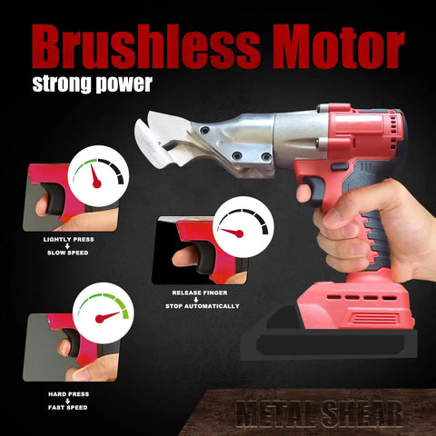 Cordless Metal Shear For Heavy Duty Cutting Of Leather Stainless Steel Iron PVC Carpet Cardboard And Steel Sheets With A 360 Degree Pivoting Head Battery Not Included Portable And Easy To Handle, showing hand grip and speed control dial.