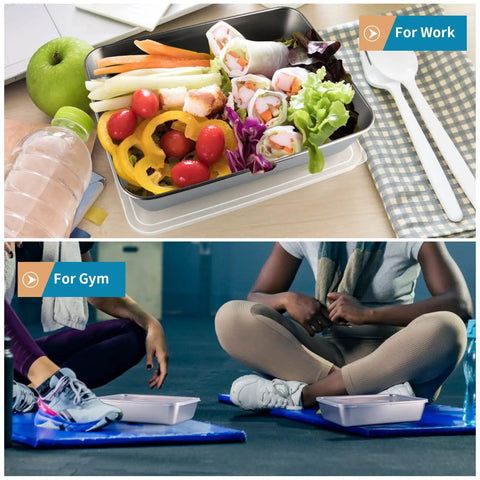 Top image shows 4 Pack Stainless Steel Food Containers With Clear Lids 68oz Each Stackable, filled with salad on a desk. Bottom image depicts people with containers in a gym setting.
