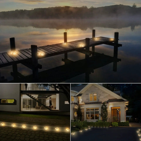 8 Pack Solar Deck Lights Outdoor Waterproof IP68 LED Pathway Markers illuminate dock, walkway, and house path at night.