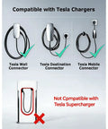 Image showing compatibility of Built Tough Tesla To J1772 Charging Adapter with Tesla Wall, Destination, and Mobile Connectors.