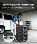 Man moving Beefy 5120Wh LiFePO4 Solar Power Station With 7200W Pure Sine Wave Inverter on caster wheel cart in garage