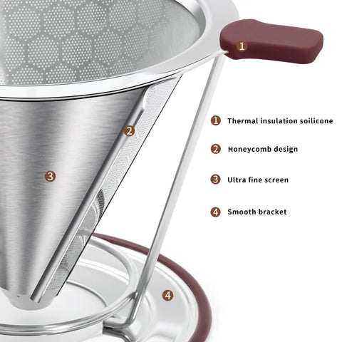 Pour Over Coffee Dripper With Stainless Steel Filter Reusable Paperless Cone Dripper With Removable Cup Easy To Clean Double Layer 800 Mesh Pro Grade Brew Accessory For Rich Flavor At Home, highlighting silicone grip, honeycomb design, fine mesh, and stand details