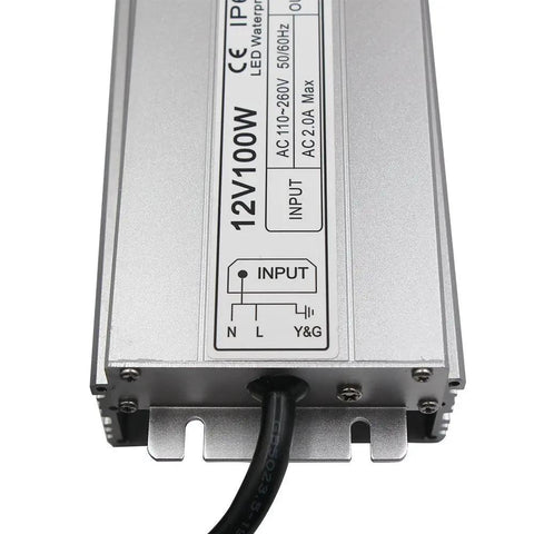 Waterproof IP67 LED Driver Power Supply 100W 12V DC 8.5A transformer with durable slim design, US 3-prong plug plate for outdoor use
