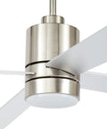 Modern cylindrical base ceiling fan with remote control and LED light, 52 inch flush mount brushed nickel finish, close-up view of blades