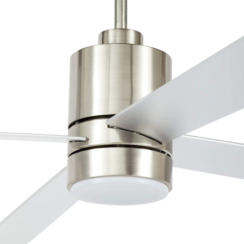 Modern cylindrical base ceiling fan with remote control and LED light, 52 inch flush mount brushed nickel finish, close-up view of blades