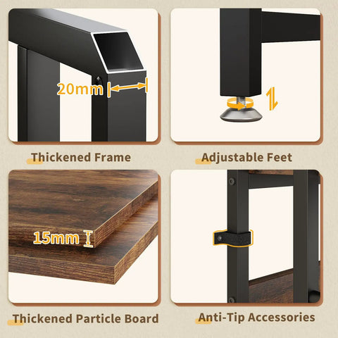 Close-up of 4 Tier Heavy Duty Kitchen Baker's Rack With Power Outlet showing thickened frame, particle board, adjustable feet.