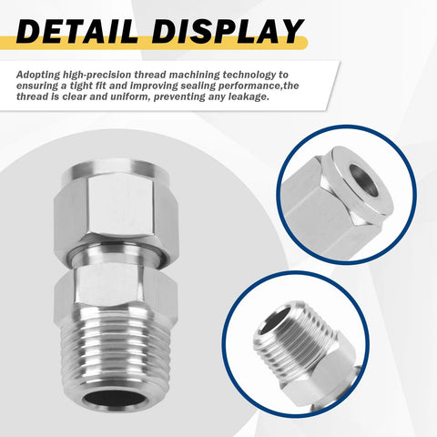 Front view of Yoebor stainless steel 304 compression tube fitting straight adapter, 1/4" OD x 1/4" NPT male, pack of 2.