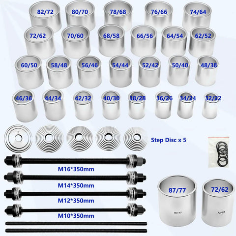 40Pcs Pull And Press Sleeve Kit For Cars And SUVs Universal Bearing Bushing Removal And Installation Tool Set With Four Pull Spindles And Case Ideal For Quick Auto Repairs Gearhead Friendly, showing various sleeve sizes and spindles.