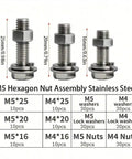 Heavy Duty 240 Piece Hex Head Bolts Nuts And Flat Washers Set For DIY Projects And Auto Repairs All In One Full Thread Machine Screws Kit Hex Head Hardware Assortment M5 stainless steel bolts with nuts and washers, 25mm to 16mm