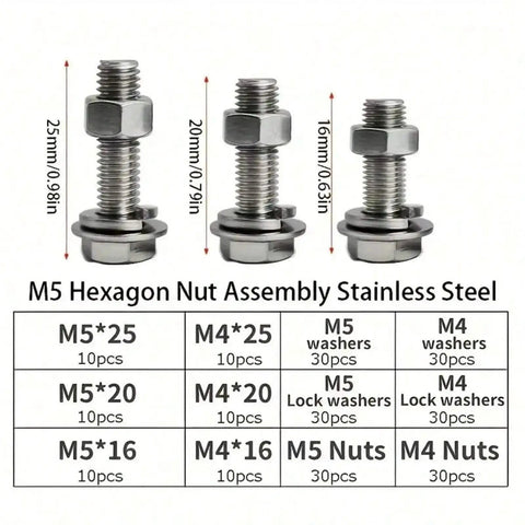 Heavy Duty 240 Piece Hex Head Bolts Nuts And Flat Washers Set For DIY Projects And Auto Repairs All In One Full Thread Machine Screws Kit Hex Head Hardware Assortment M5 stainless steel bolts with nuts and washers, 25mm to 16mm