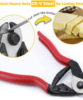 7.6 Inch Steel Wire Cutter One Hand Operation Cuts All Wires Up To 5/32 Inch Including Steel Cable Aircraft Cable Wire Rope Bike Cables Aluminum And Copper Wire Fence Cable Electrical Cables Great For DIY And Pro Use CC11 with red handles and cutting steel wire close-up.