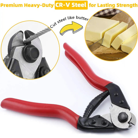 7.6 Inch Steel Wire Cutter One Hand Operation Cuts All Wires Up To 5/32 Inch Including Steel Cable Aircraft Cable Wire Rope Bike Cables Aluminum And Copper Wire Fence Cable Electrical Cables Great For DIY And Pro Use CC11 with red handles and cutting steel wire close-up.