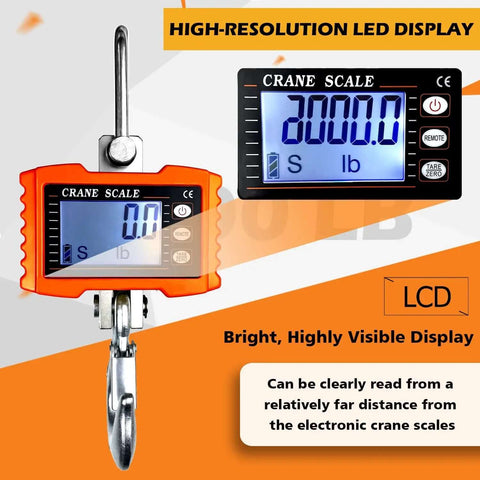 Beefy Digital Crane Scale With 1000 Kg Capacity 2200 Lb High Precision 0.2 Kg Increments Aluminum Case Remote Control CE Certified Industrial Hanging Scale For Garage Farm And Hunting Orange with high-resolution LED display