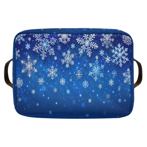 Dang Cool Canvas Storage Basket With Sparkly Winter Snowflake Pattern Heavy Duty Foldable Bin with leather handles.