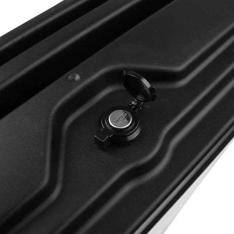 Heavy Duty Left Side Mount Tool Box For Ram 1500 Truck Bed Storage In Solid Black with latch detail, 2019 to 2021 models.