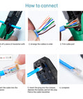 Step-by-step guide on connecting Cat6 RJ45 Connectors 110 Pack For Ethernet Cables With Gold Plated 8P8C Pins to cables