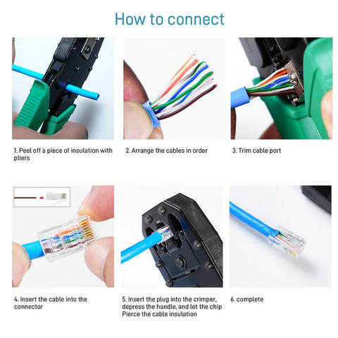 Step-by-step guide on connecting Cat6 RJ45 Connectors 110 Pack For Ethernet Cables With Gold Plated 8P8C Pins to cables