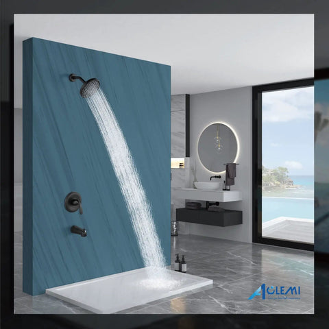 Matte Black Shower Tub Faucet Set With Pressure Balance Valve, Wall Mount Trim Kit, water flow from single spray head