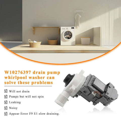 Washer Drain Pump Replacement WPW10276397 Fits Whirlpool Kenmore Maytag KitchenAid Amana with laundry room background