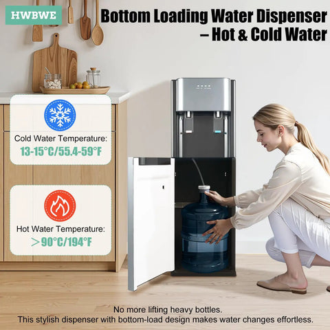 Woman replacing bottle in Bottom Loading Water Cooler Dispenser With No Heavy Lifting Three Temperature Settings For 5 Gallon Bottles.