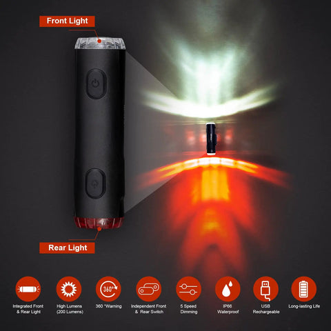 2 In 1 Bike Headlight And Taillight For Night Riding USB Rechargeable Front And Rear Helmet Light IP66 Waterproof Five Modes With Mount Bracket Perfect For Safe City And Trail Cycling