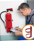 Man inspecting a wall fire extinguisher mounted on an iron bracket. Wall Fire Extinguisher Rack Mount Holder Iron Bracket Easy To Install No Fuss Setup