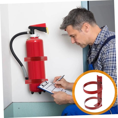 Man inspecting a wall fire extinguisher mounted on an iron bracket. Wall Fire Extinguisher Rack Mount Holder Iron Bracket Easy To Install No Fuss Setup