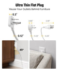 Ultra thin flat plug showcased with dimensions for the Top Shelf 15 Ft Extension Cord With Super Slim Flat Plug And Ten Spacious Outlets.