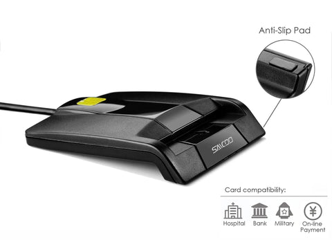 CAC Card Reader for DOD Military USB Common Access Card Reader for Mac and Windows with anti-slip pad, horizontal view.
