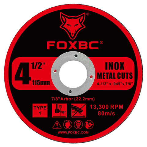 FOXBC 4-1/2 in cut-off wheel for angle grinder; Type 1; INOX metal cuts; 4-1/2 x .045 x 7/8 in; 13,300 RPM