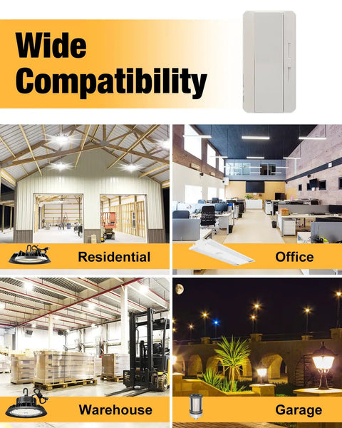 Wide compatibility of Rock Solid 0-10V LED Dimmer Switch for Residential, Office, Warehouse, and Garage lighting.